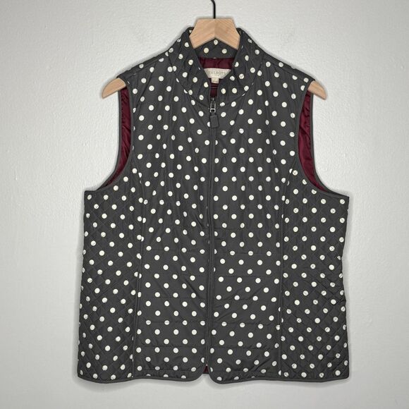 Talbots Womens Puffer Vest Large Grey Cream Polka Dots Full Zip Cabincore - Picture 1 of 8